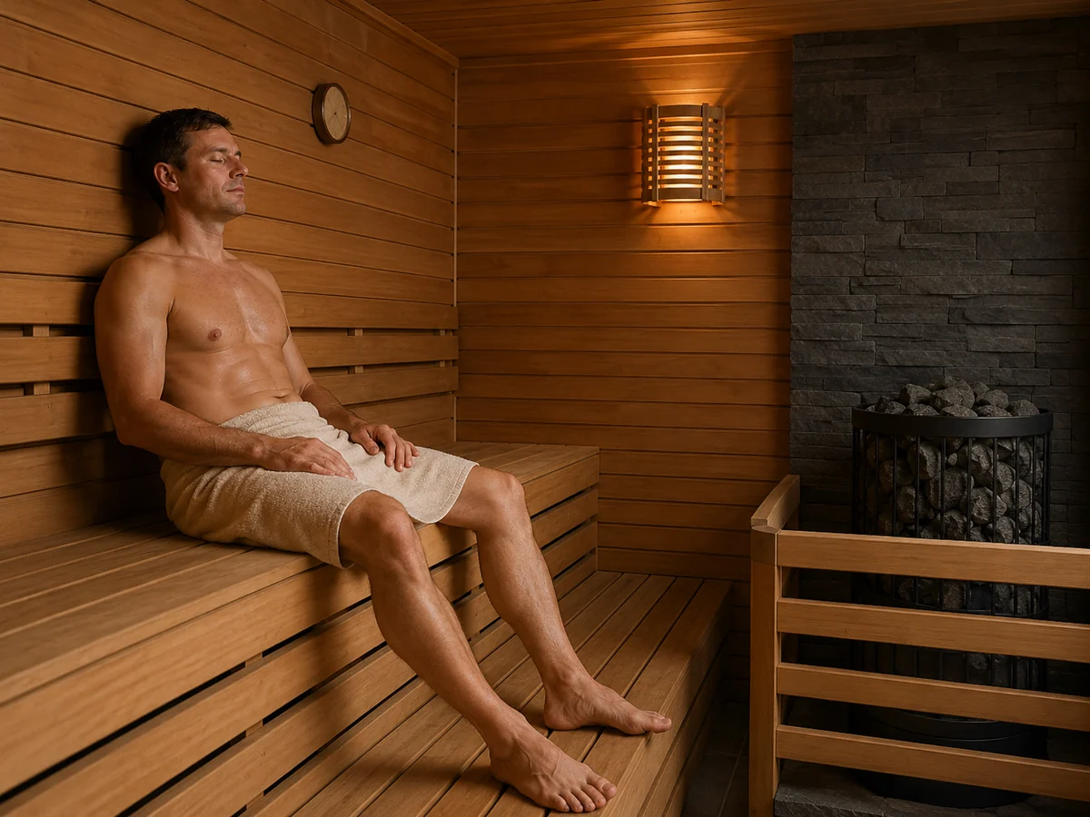 Adult sauna user seated calmly during a sauna session with a wall timer nearby