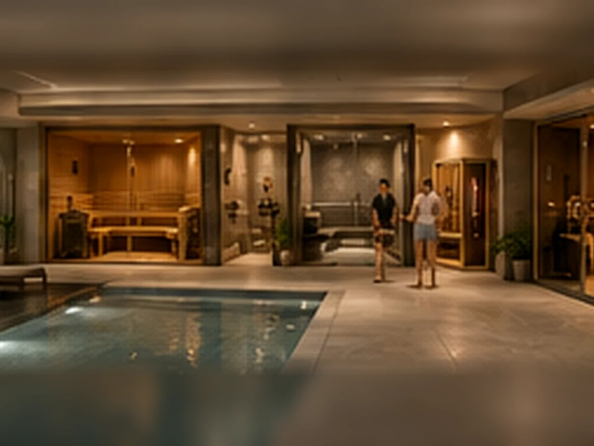 Conceptual commercial wellness facility with sauna steam and infrared heat-system options