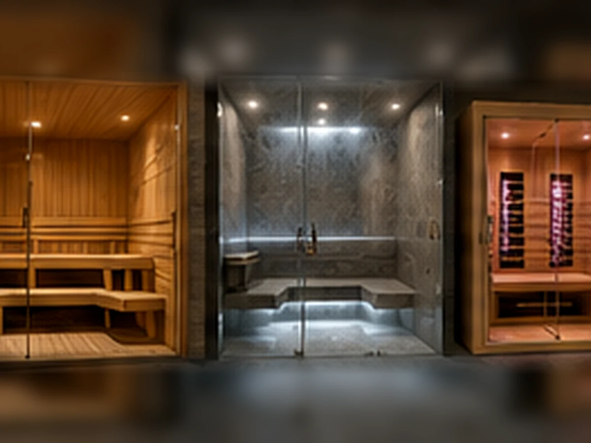 Conceptual traditional sauna steam room and infrared sauna showing different heat and humidity environments