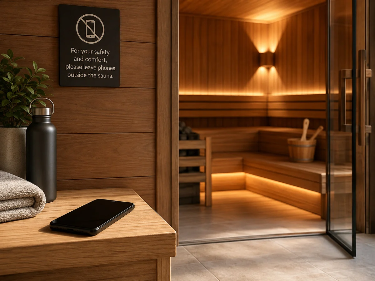 Sauna timer and phone storage alternatives outside a hot sauna room