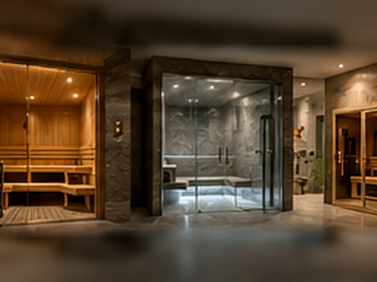 Conceptual comparison of traditional sauna, steam room and infrared sauna in a wellness facility