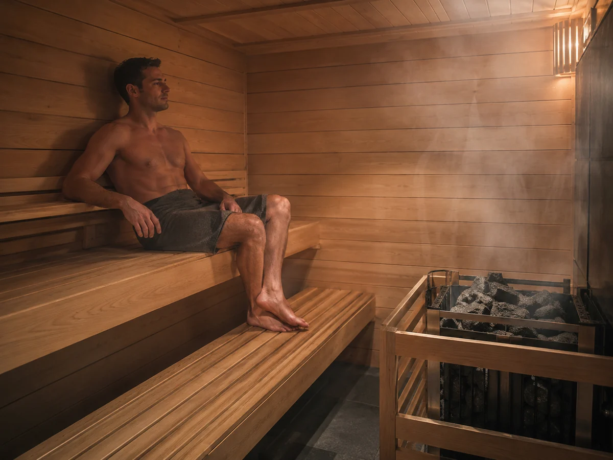 Traditional sauna with upper and lower benches and a protected stone heater