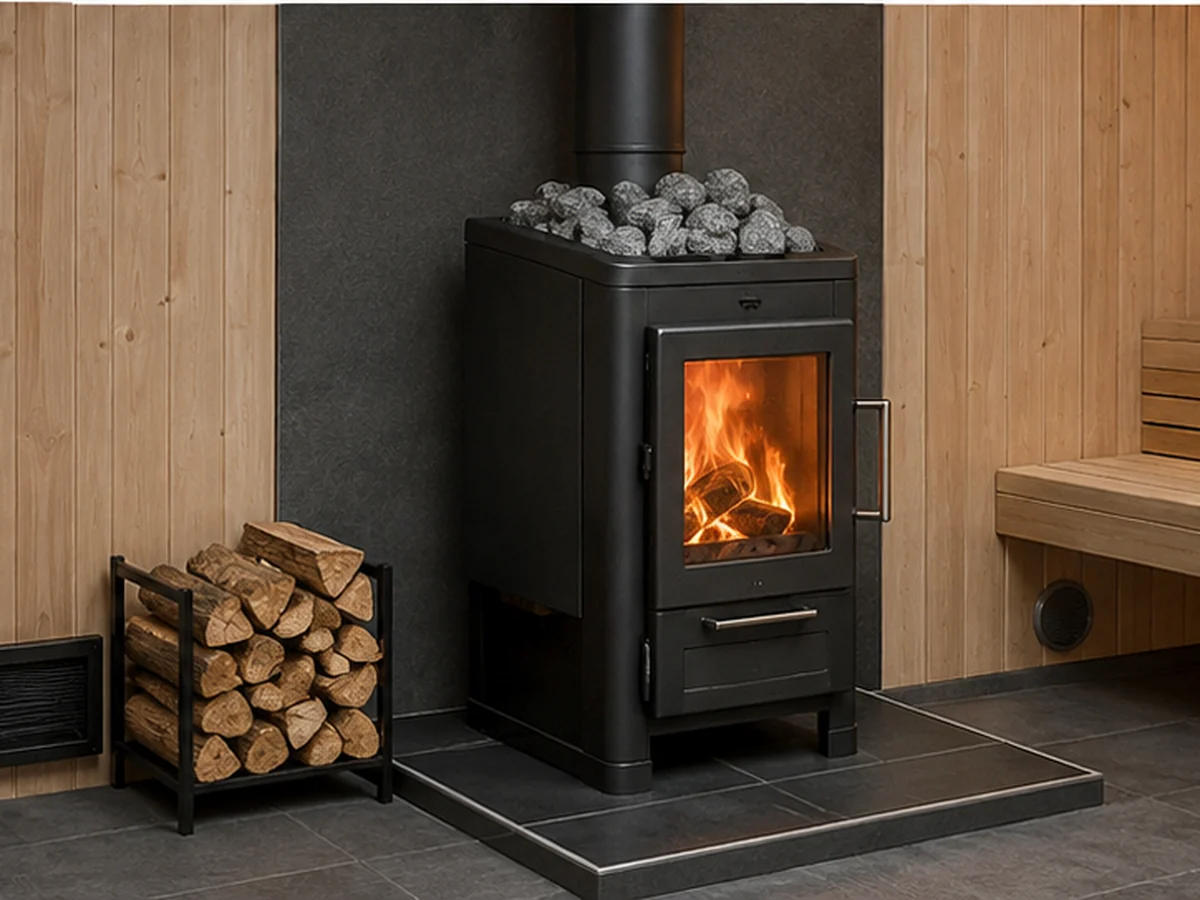 Wood-burning sauna heater showing chimney route, protected base and safe surrounding space