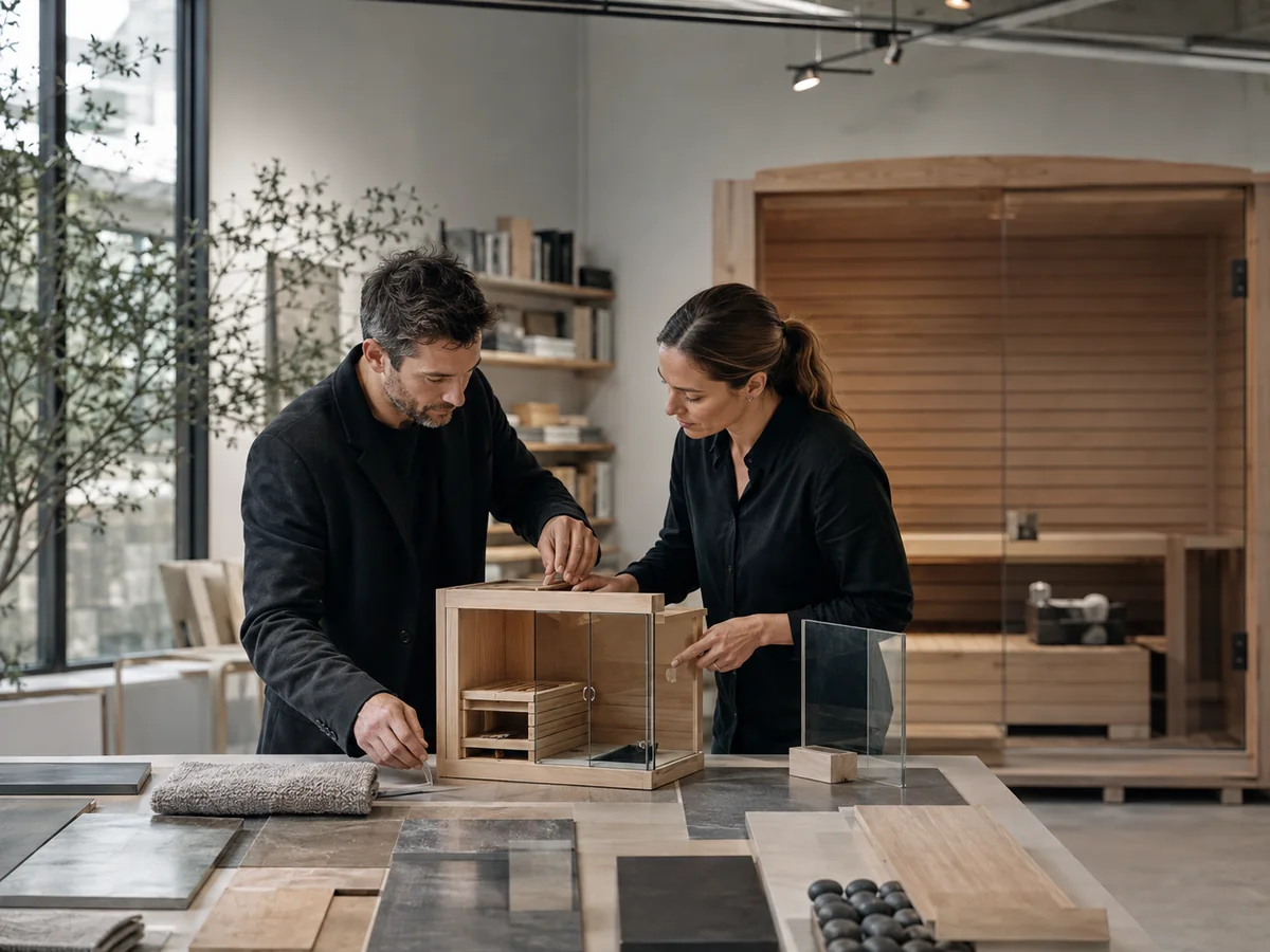 Architect and technical specialist coordinating sauna materials and glass details