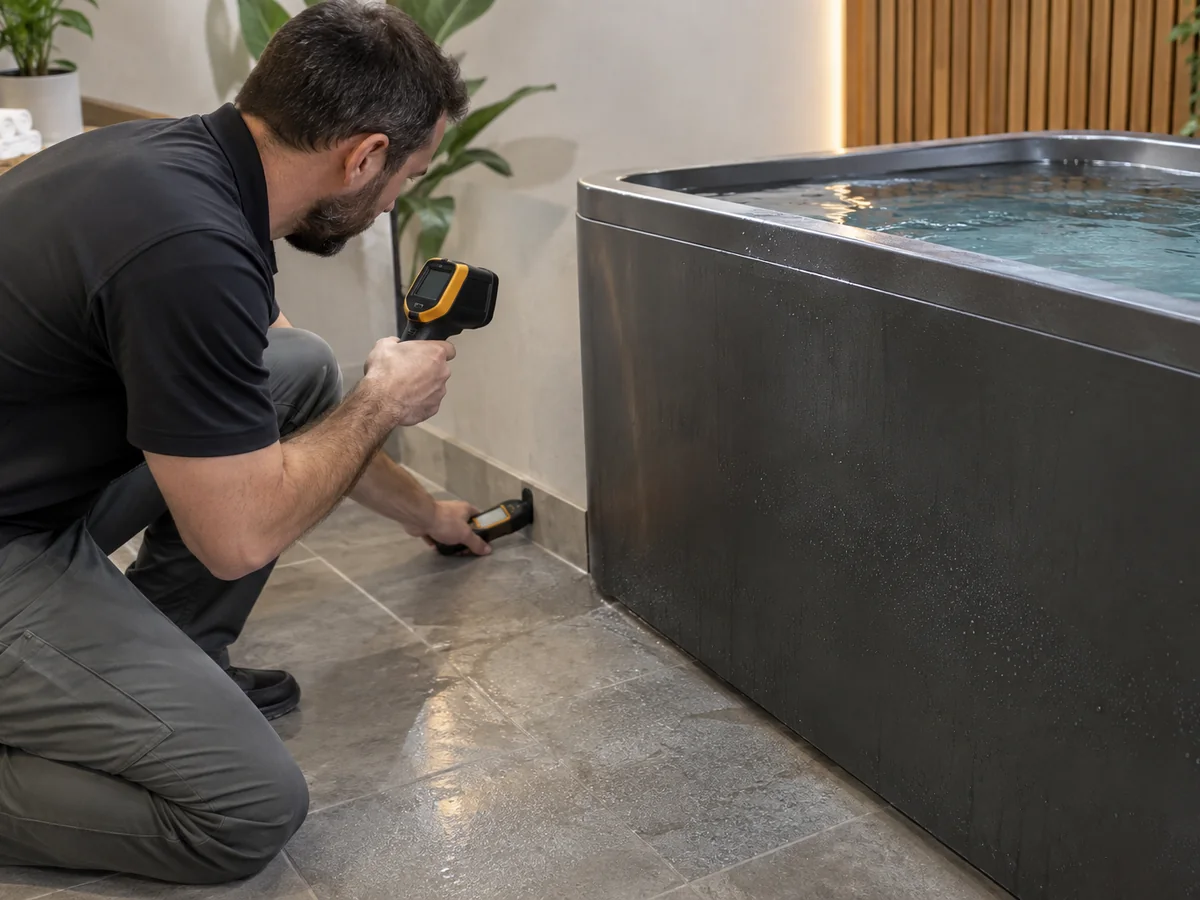 Technician checking surface moisture around an indoor cold plunge