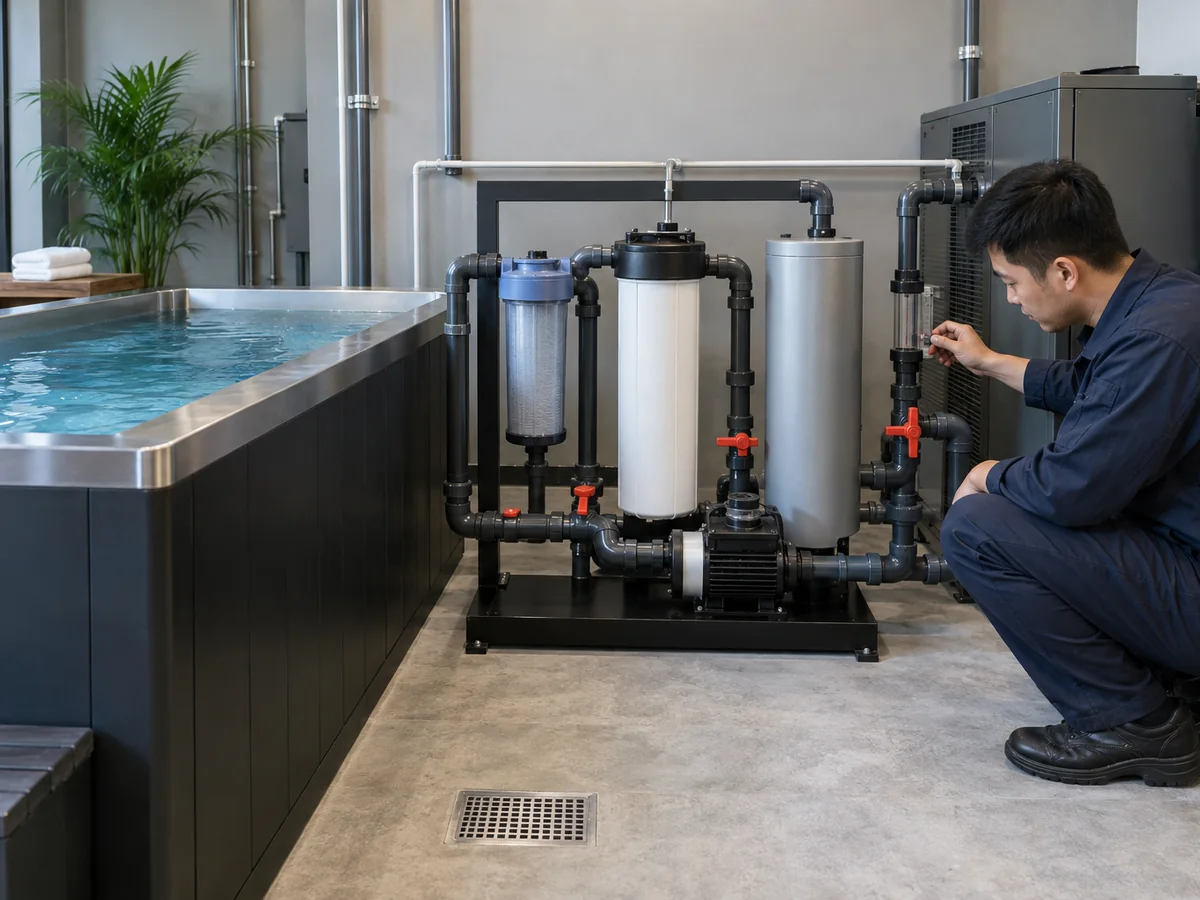 コールドプランジ循環、濾過、水処理装置を検査する技術者
