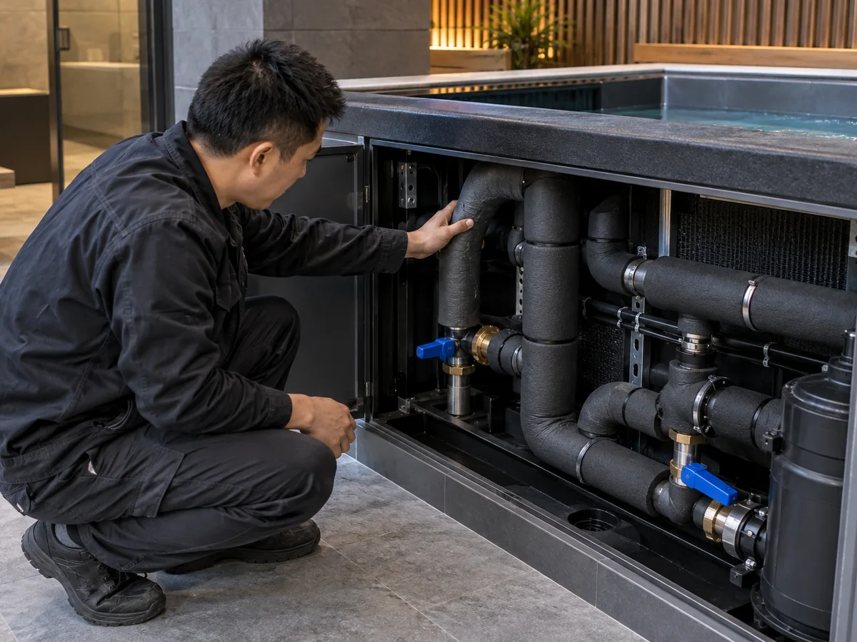 Technician checking insulated cold-water pipes inside a cold plunge service compartment