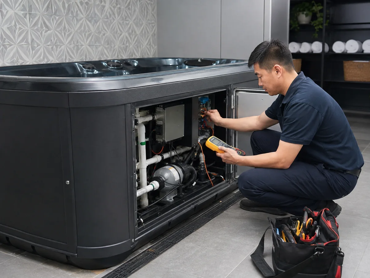 Technician diagnosing a commercial cold plunge circulation system