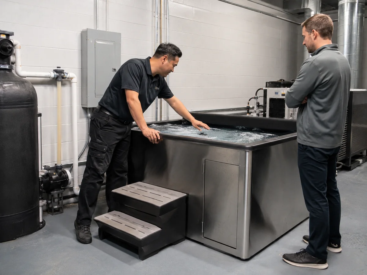 Technician and facility manager completing a cold plunge return-to-service check