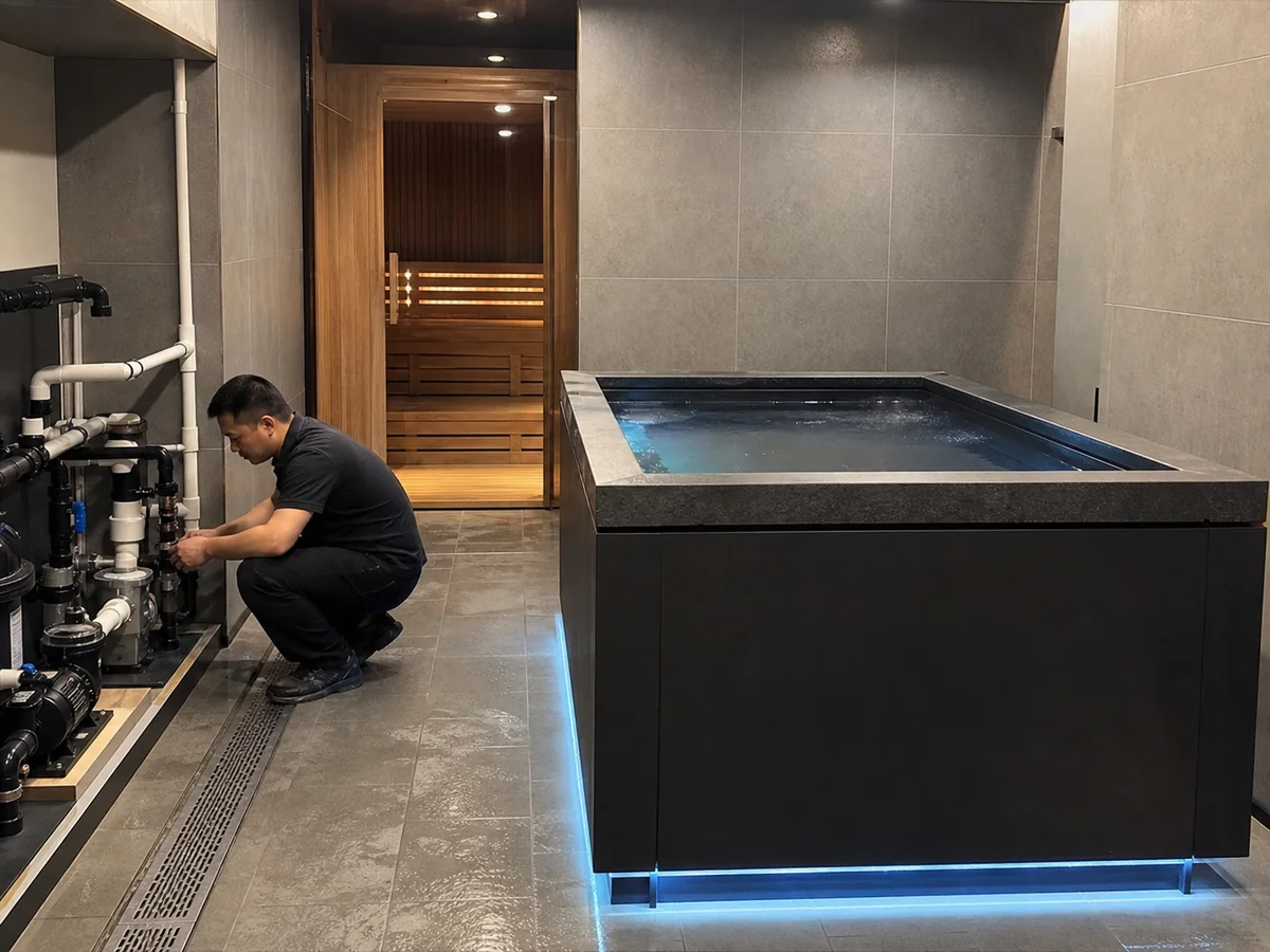 Cold plunge service access and circulation equipment in a commercial wellness facility