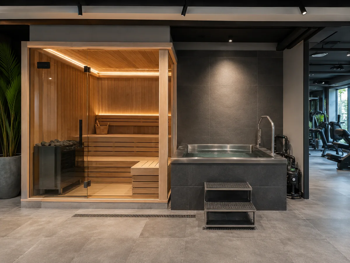 Commercial contrast therapy suite with sauna and cold plunge equipment