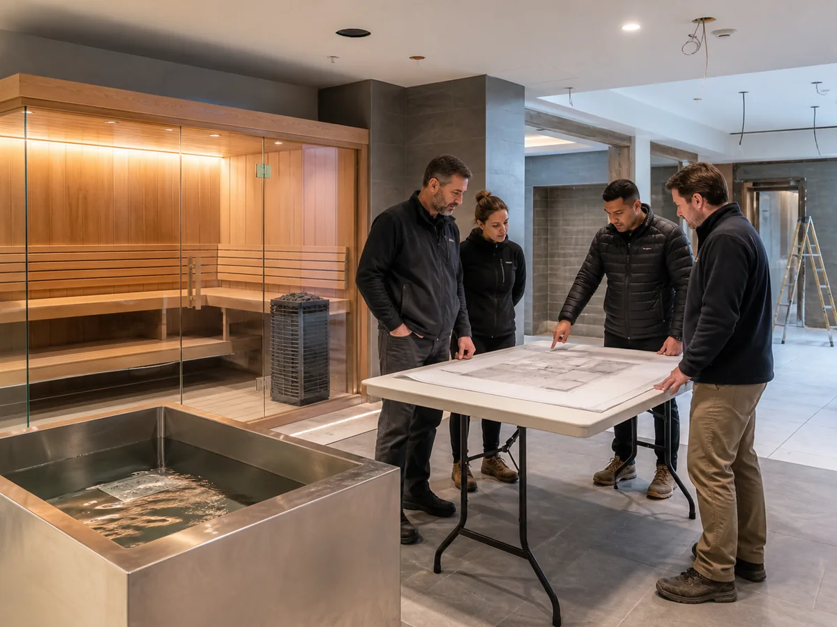 Project team planning a coordinated commercial sauna and cold plunge installation
