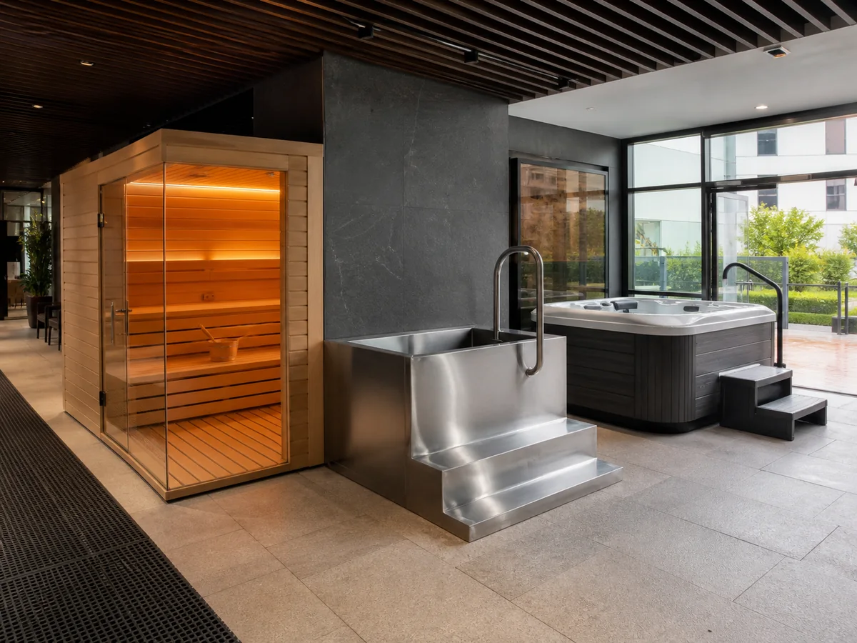 Integrated commercial wellness installation with sauna, cold plunge and hot tub