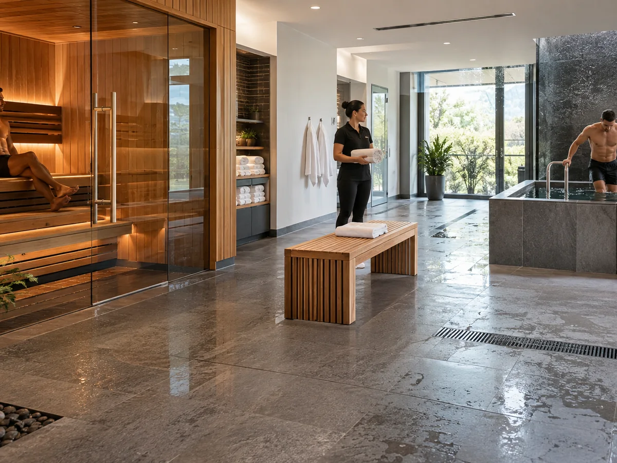 Commerciële sauna en koude dompelsuite, gerangschikt rond een duidelijke circulatie tussen thermische zones