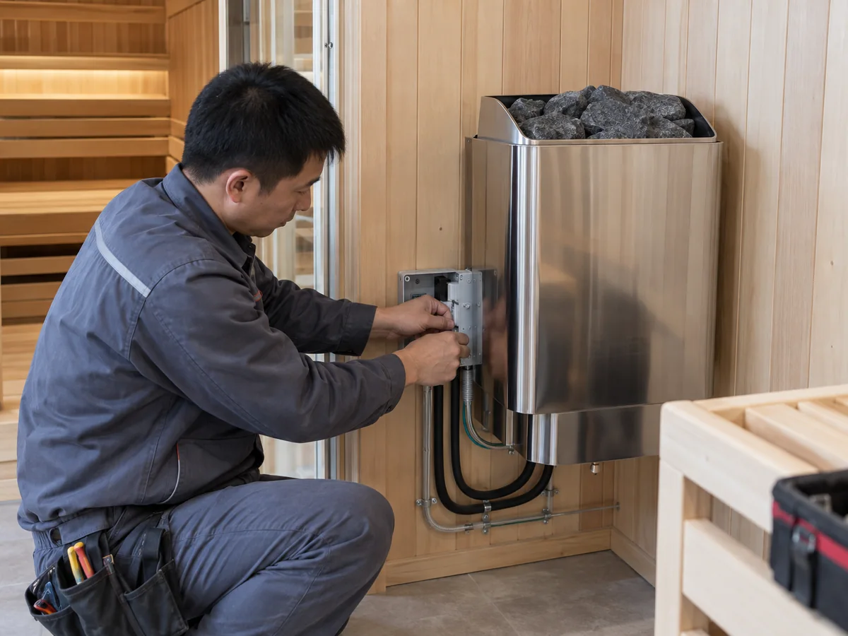 電気サウナ ヒーター設置のための電源の配線を行う電気技師