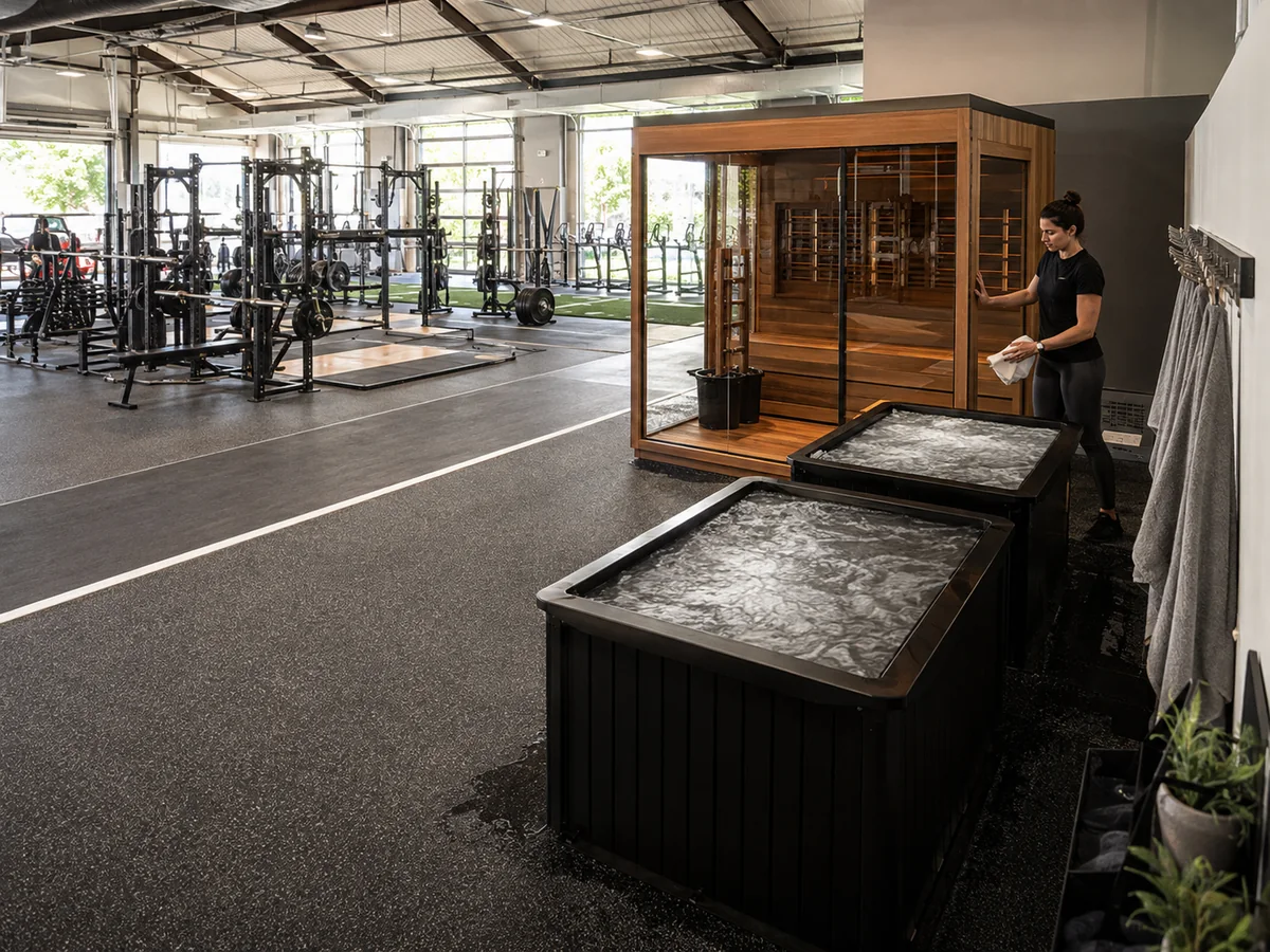 Gym recovery zone with a sauna and commercial cold plunge tubs