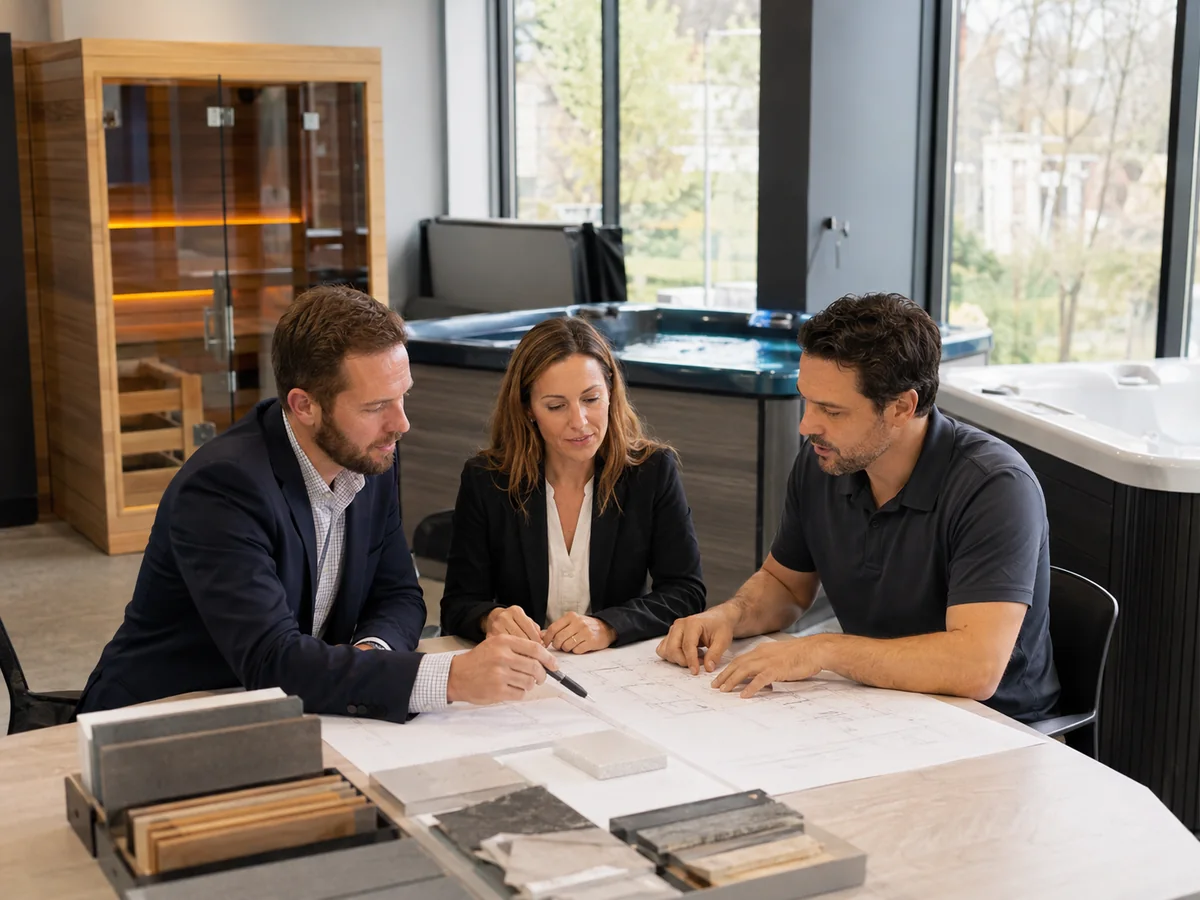 B2B buyer, sales specialist and engineer reviewing sauna and spa project requirements