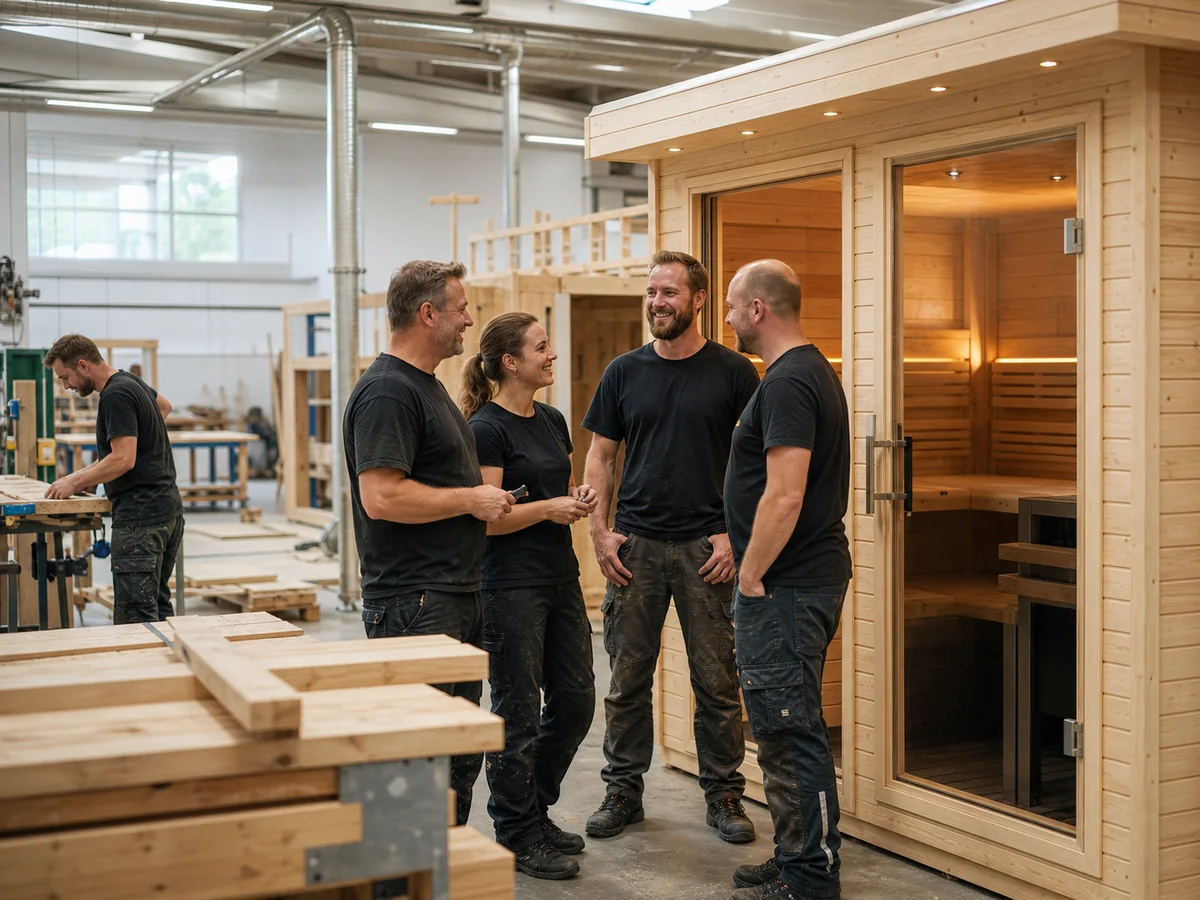 HACHILL manufacturing team beside a completed timber sauna in the factory