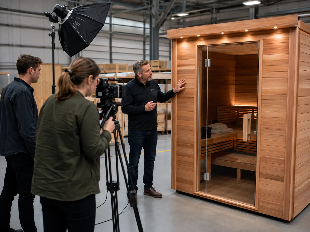 Media team filming a sauna expert inside the manufacturing facility