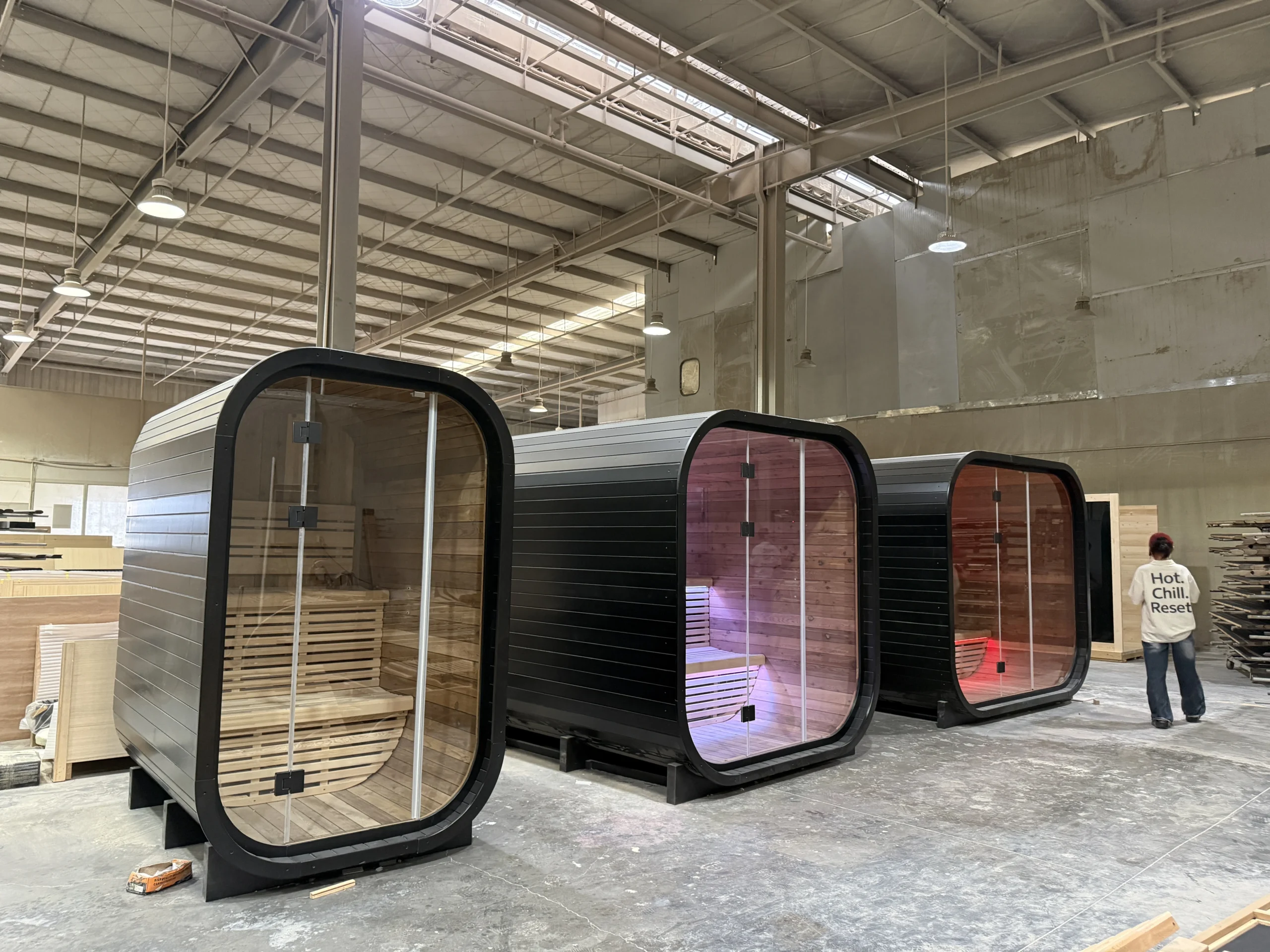 Completed sauna cabins awaiting documented quality inspection
