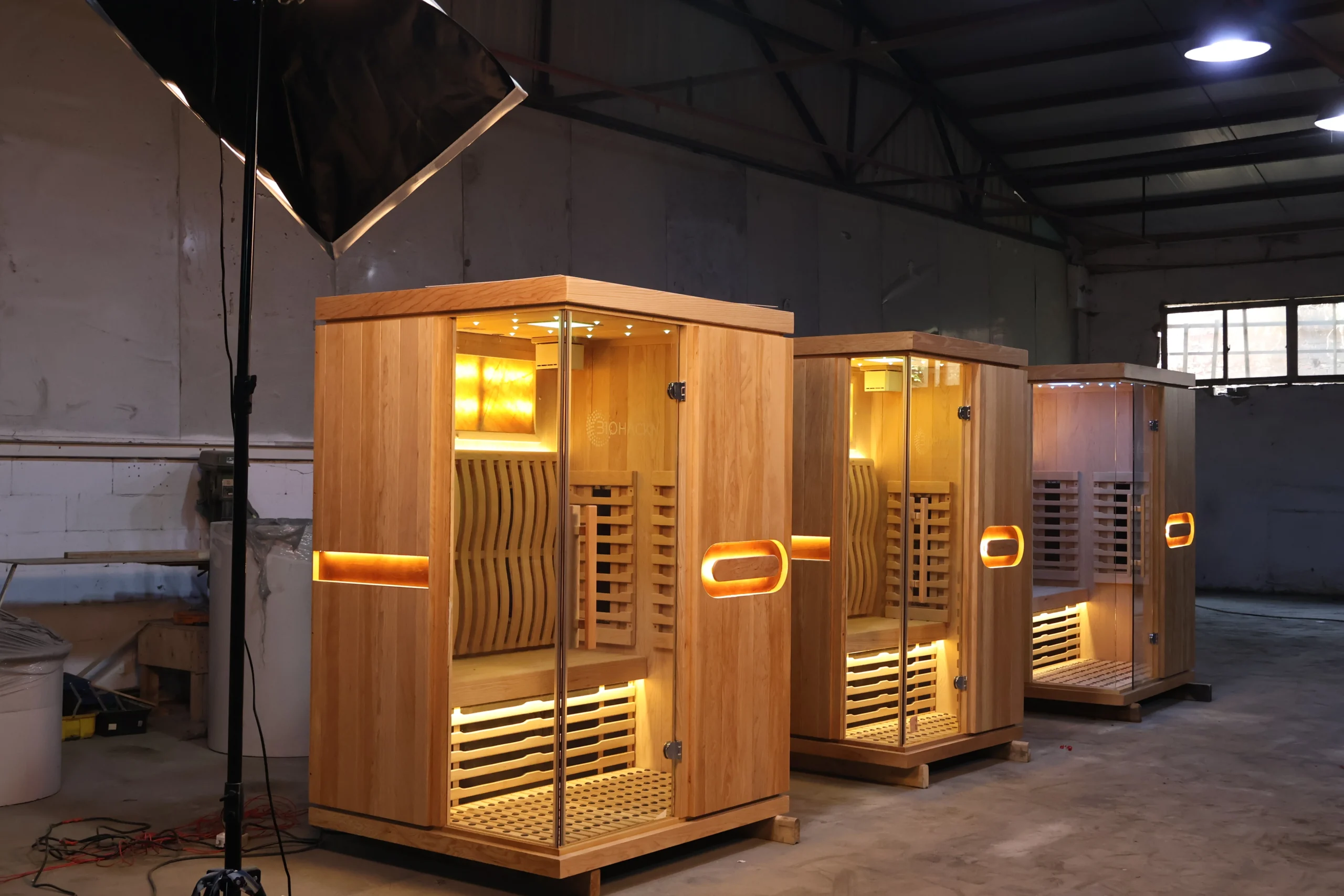 Sauna display area connecting showroom selection with production