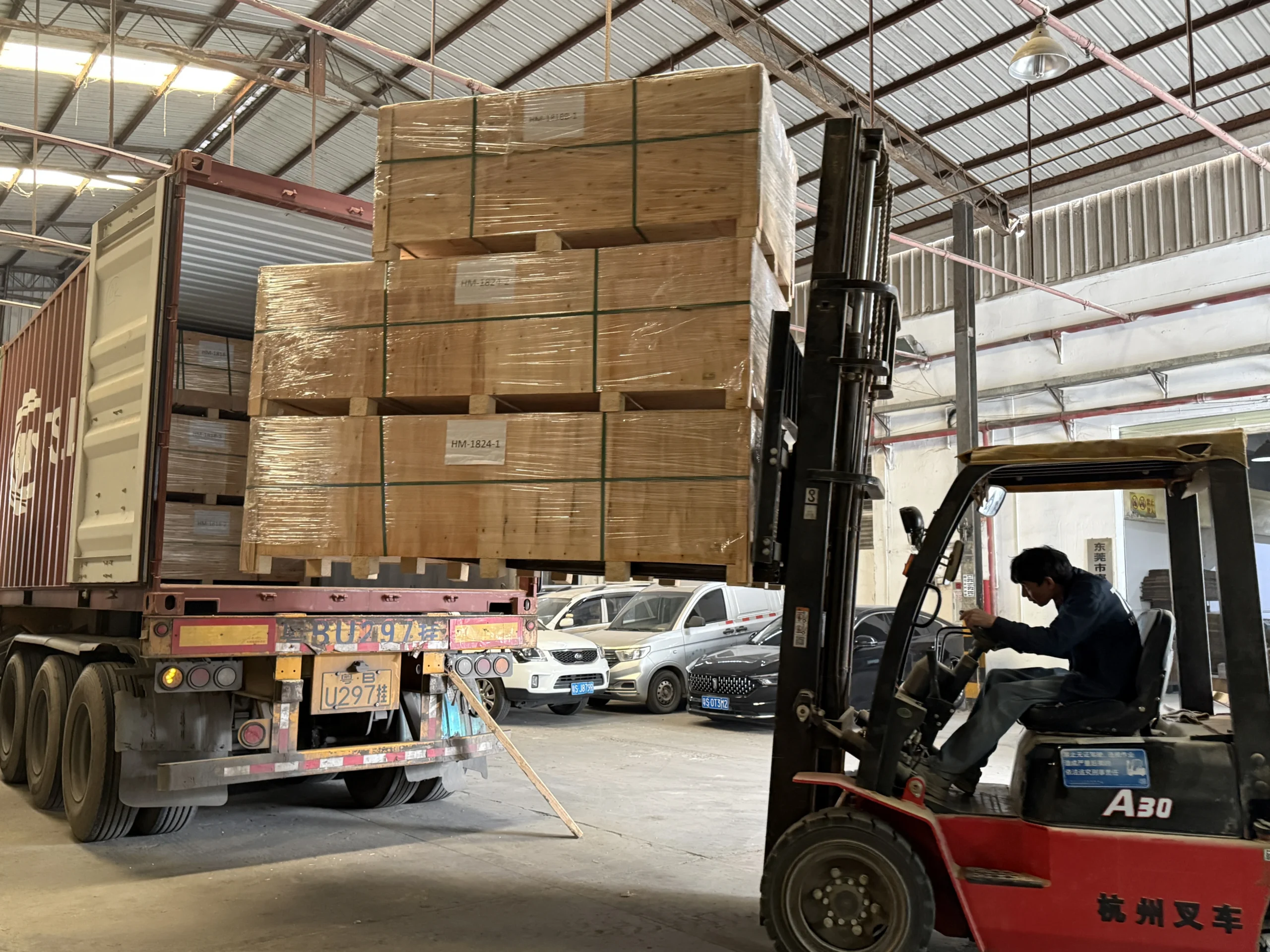 Finished sauna products staged for export packaging