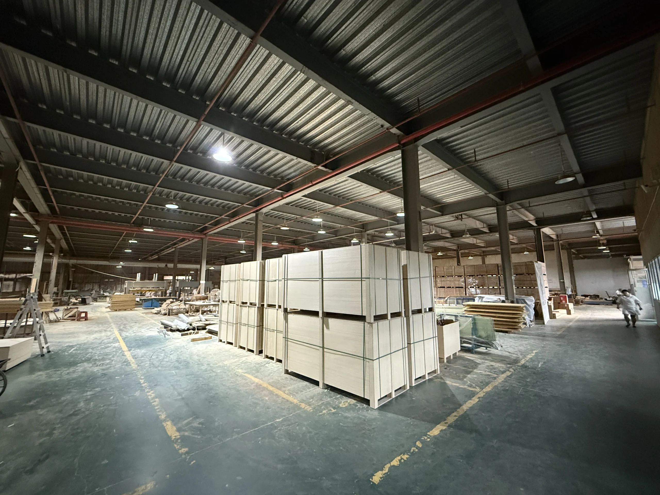 Timber sauna assembly area inside the HACHILL factory