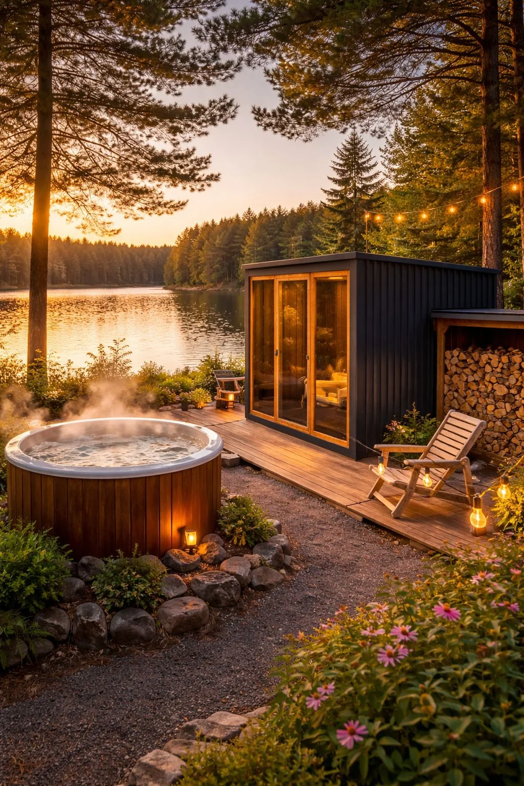 Outdoor sauna setting for a glamping resort wellness area