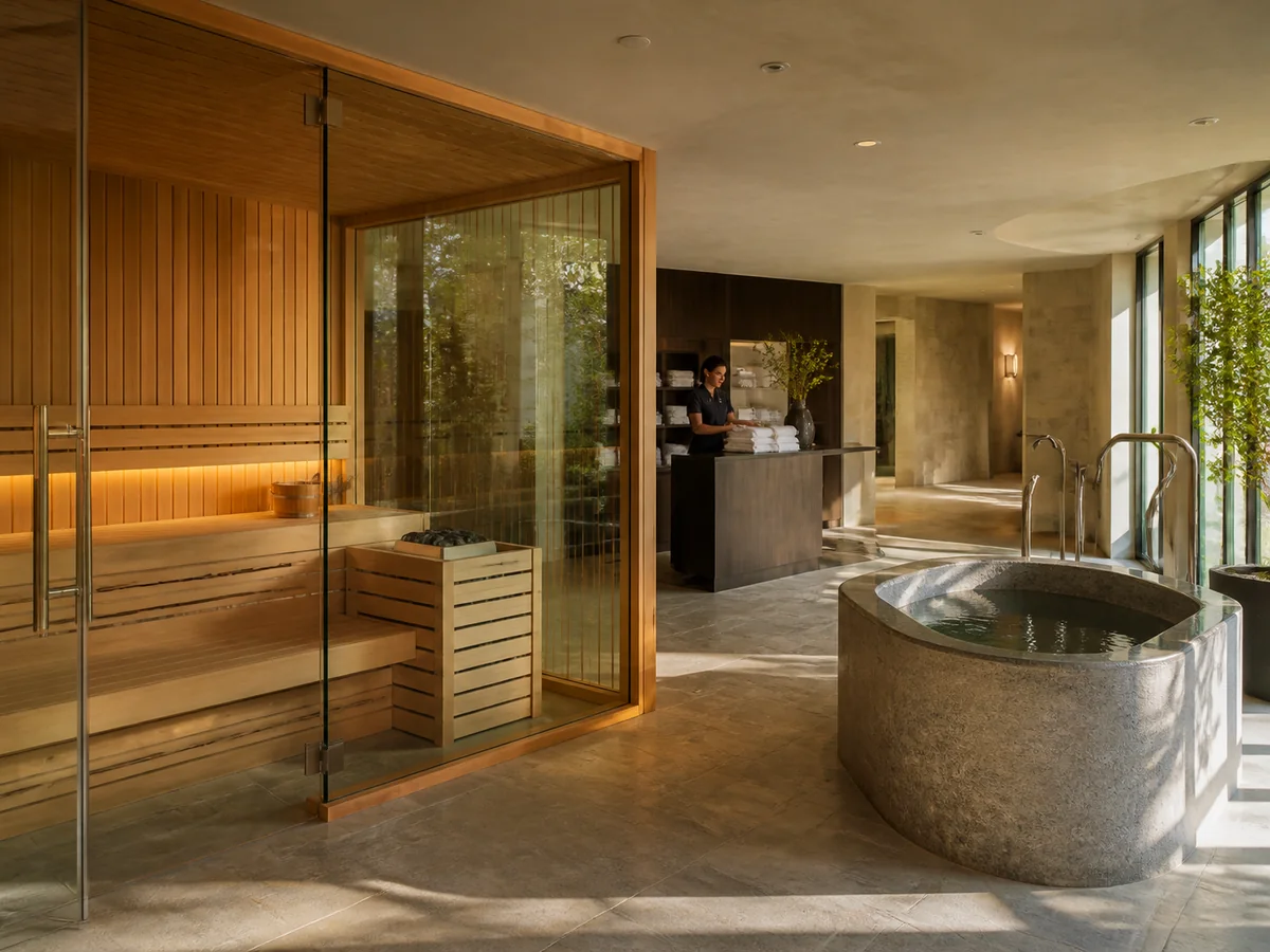 Hotel spa wellness suite with a timber sauna and cold plunge
