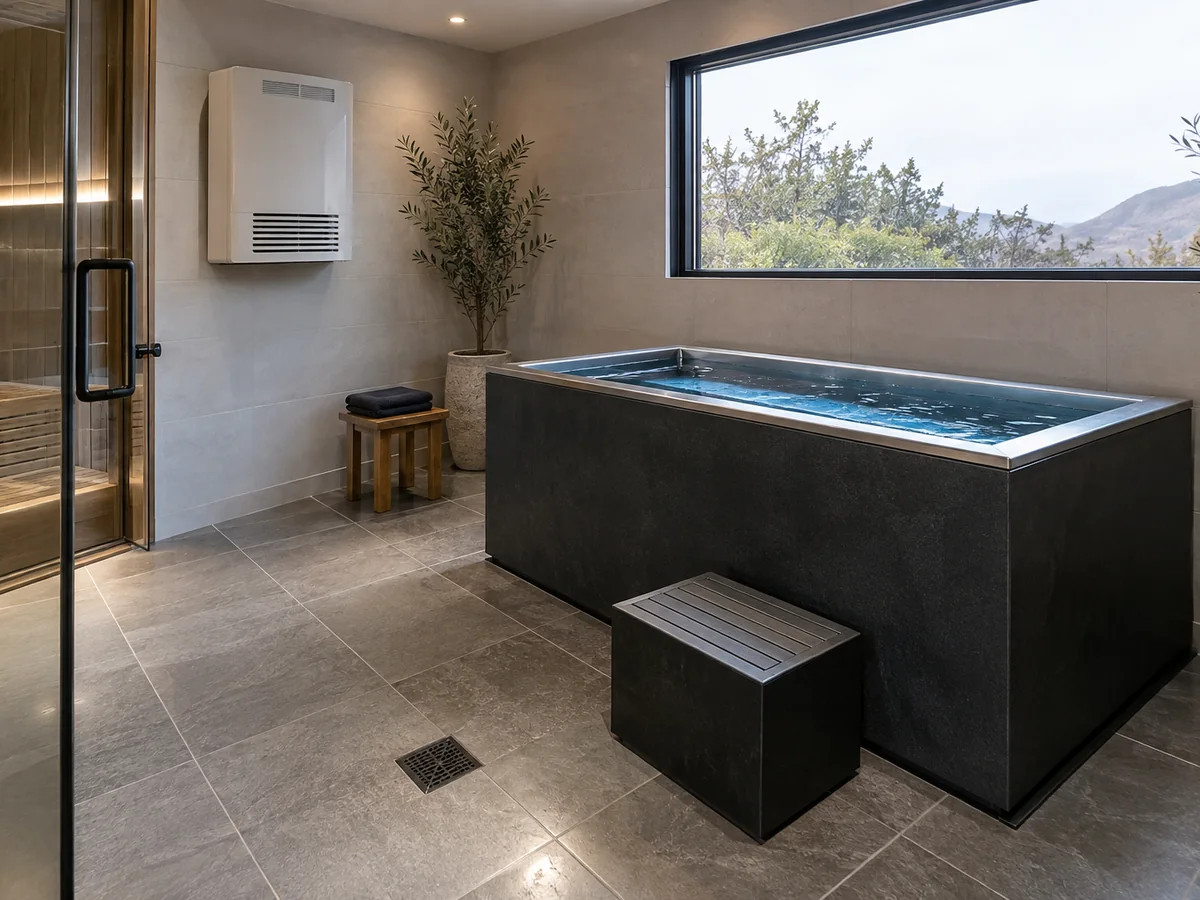 Indoor cold plunge room with dehumidification, floor drainage and slip-resistant tile