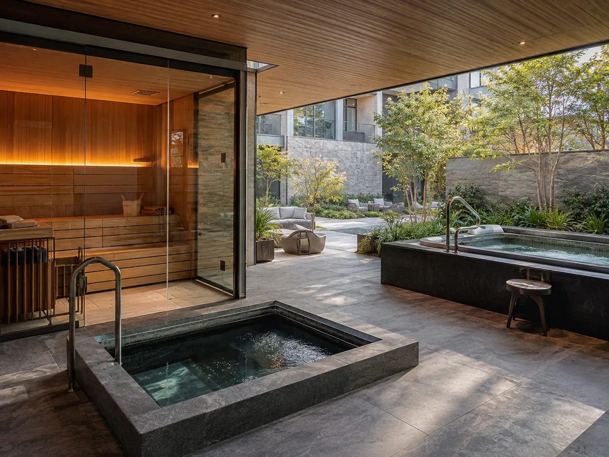 Luxury residential wellness amenity with sauna, cold plunge and hot tub