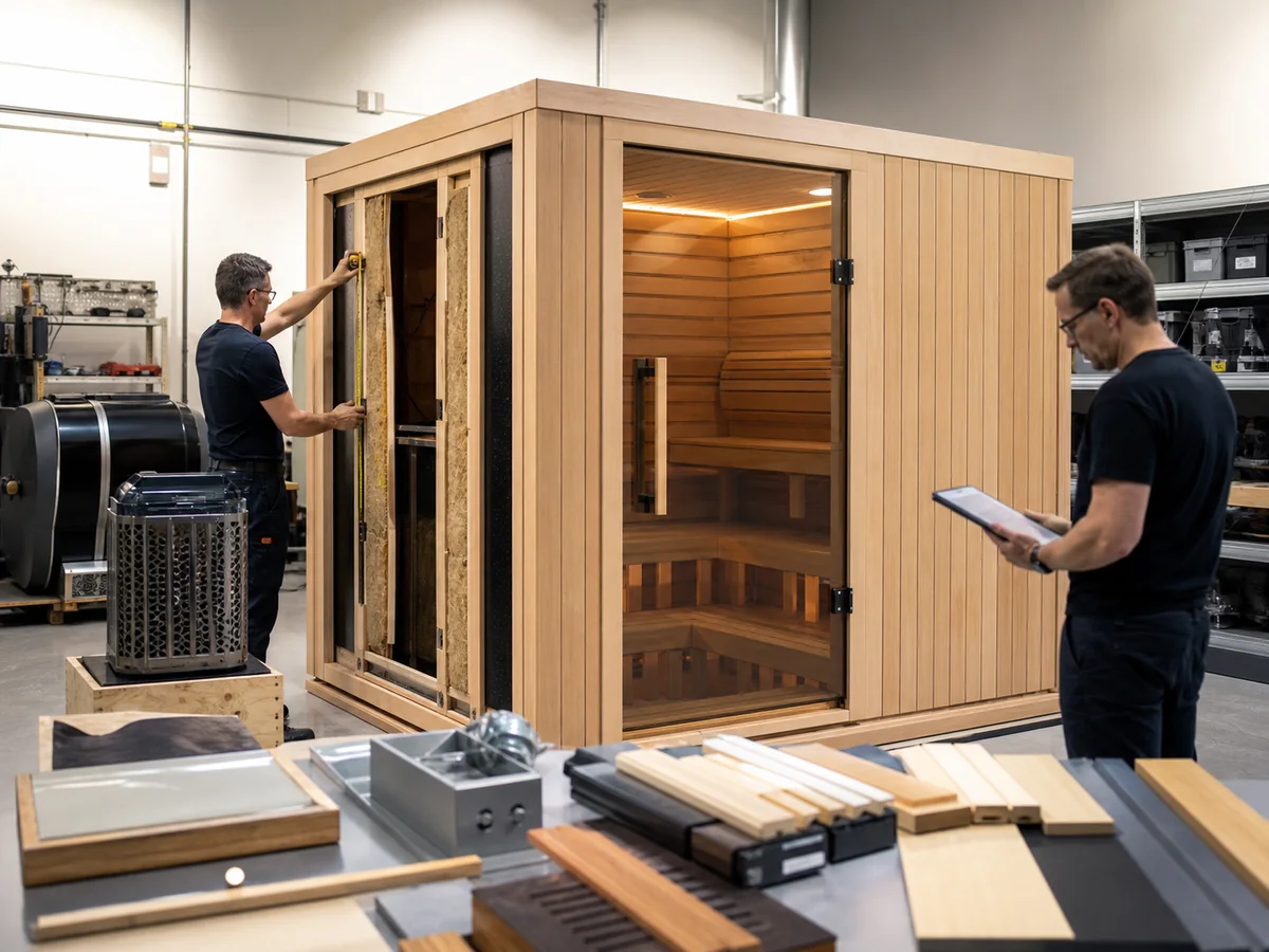 Engineers measuring a full-scale sauna prototype during ODM product development