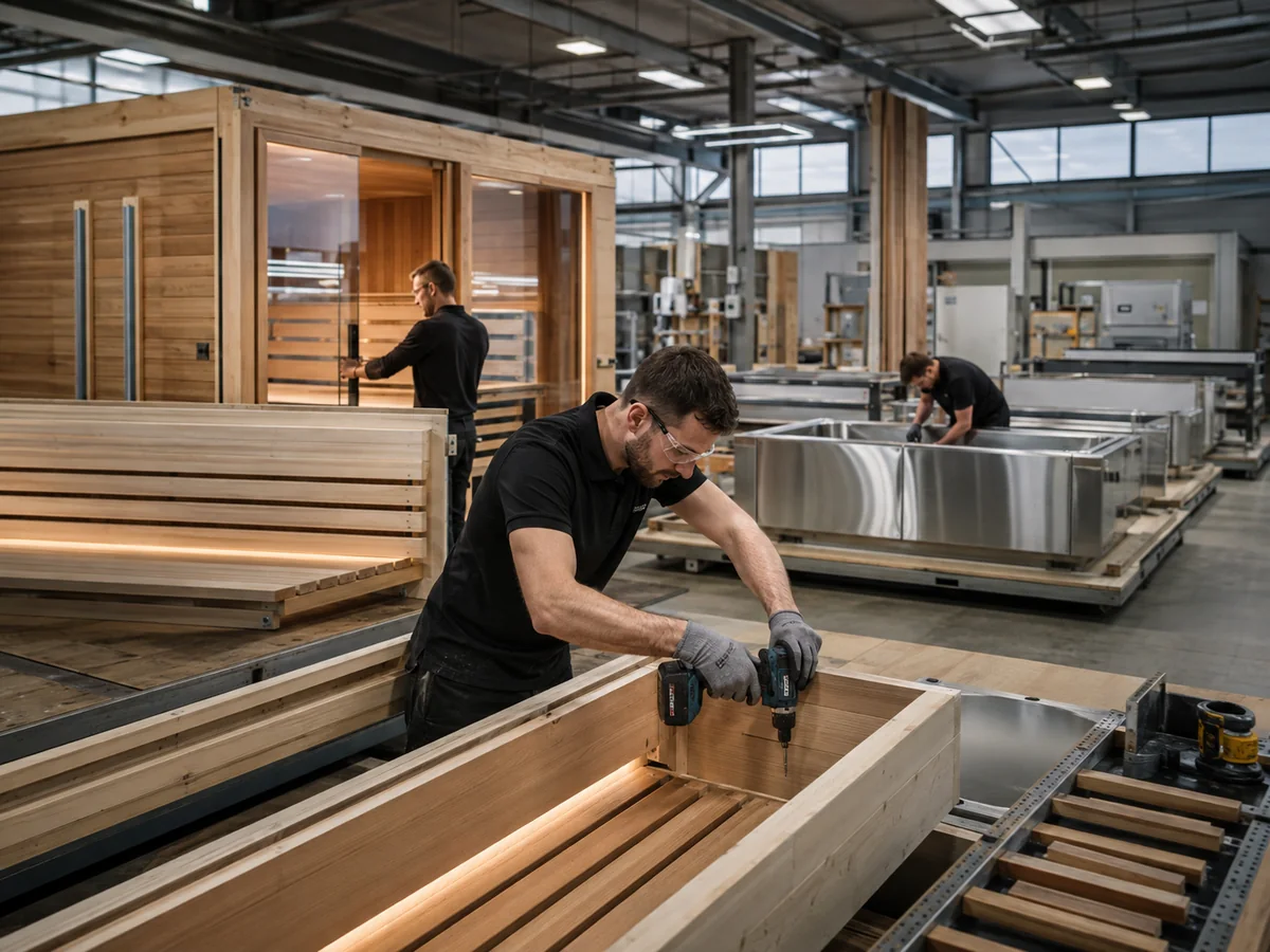 Technicians customizing sauna and cold plunge equipment on an OEM production line