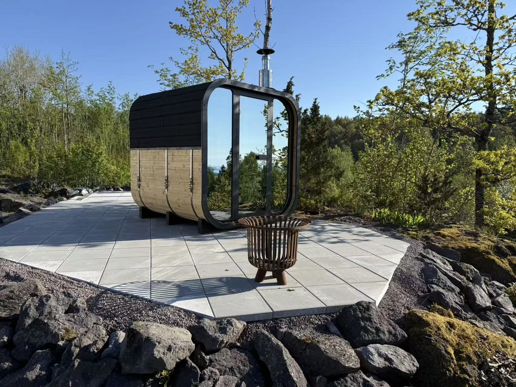 Outdoor barrel sauna at a hotel or resort property