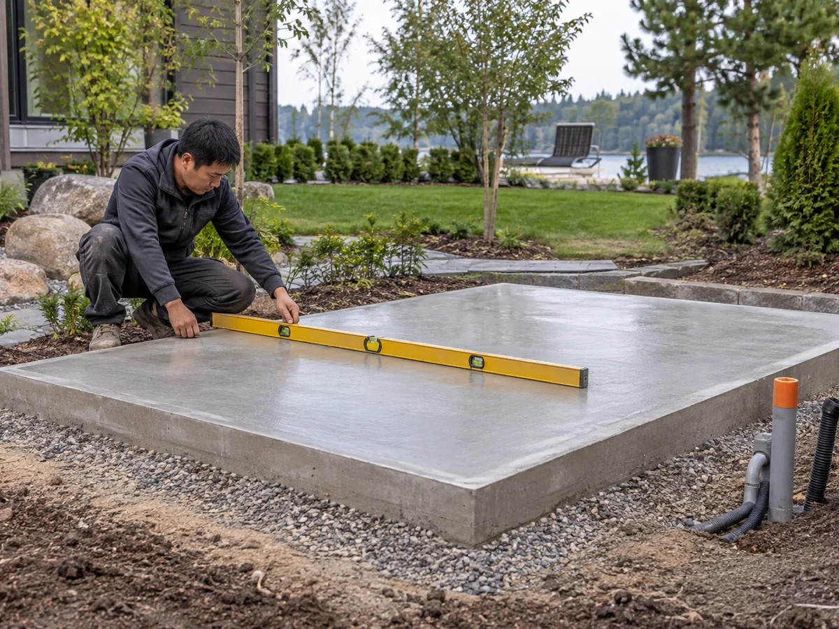 Fundering van betonplaat voor outdoor sauna Installateur controleert een betonplaat die is voorbereid voor een buitensauna