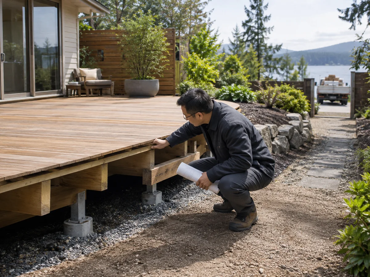 Locatiebeoordeling voor terras en drainage bij outdoor sauna Projectingenieur die deksteunen, drainage en toegang tot de buitensauna beoordeelt