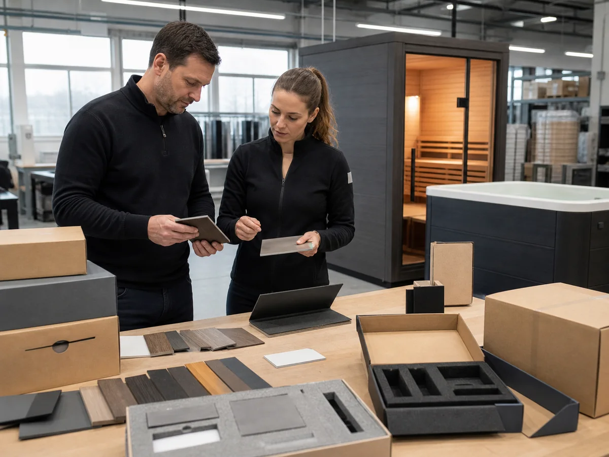 Private-label team reviewing unbranded sauna finishes and packaging samples