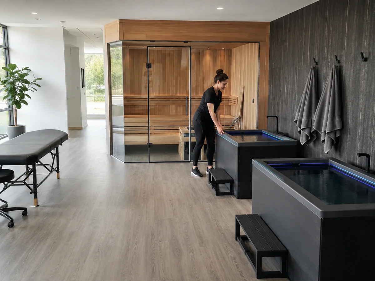 Sauna and cold plunge treatment space in a professional recovery facility