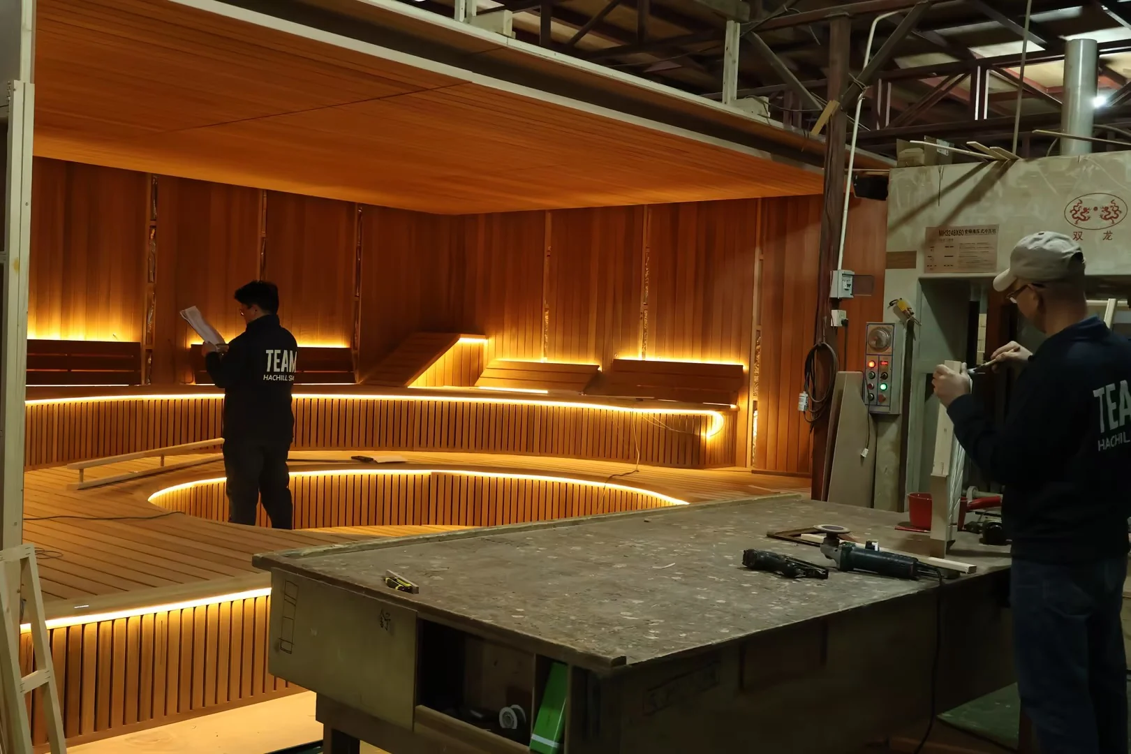 Final assembly inspection of a sauna cabin in the factory