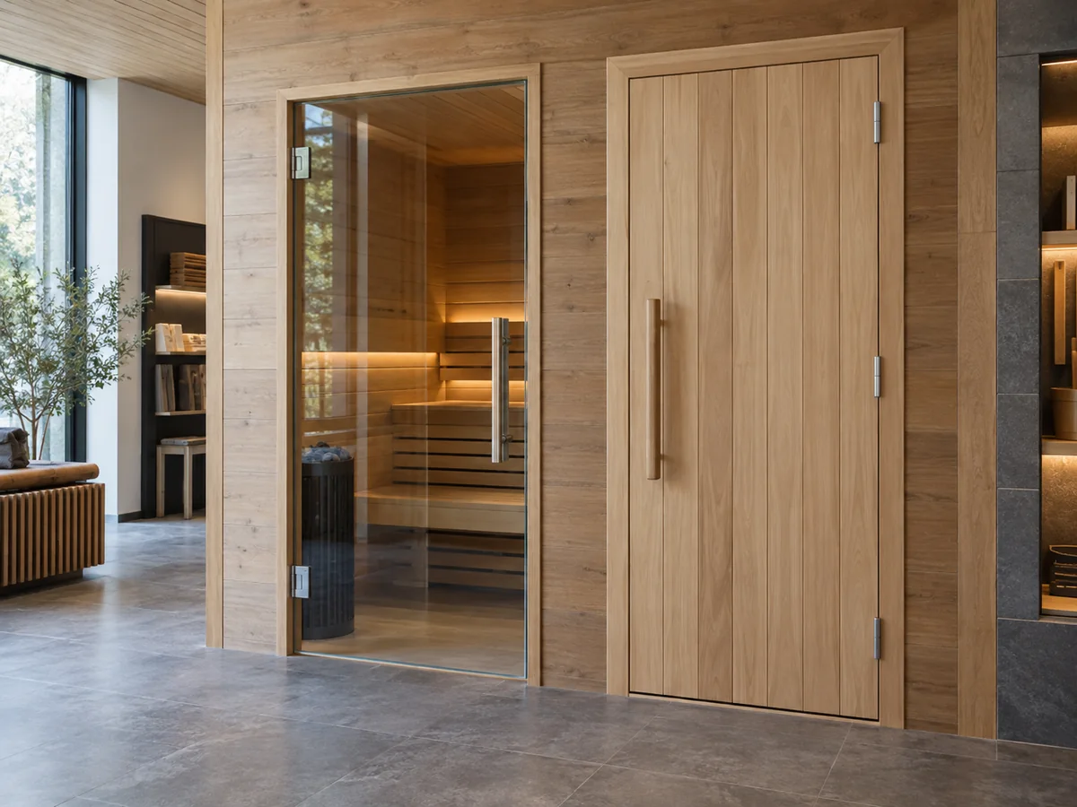 Selectie van saunadeuren van glas en hout Saunadeurconstructies met glazen front en op houtbasis ter vergelijking naast elkaar weergegeven