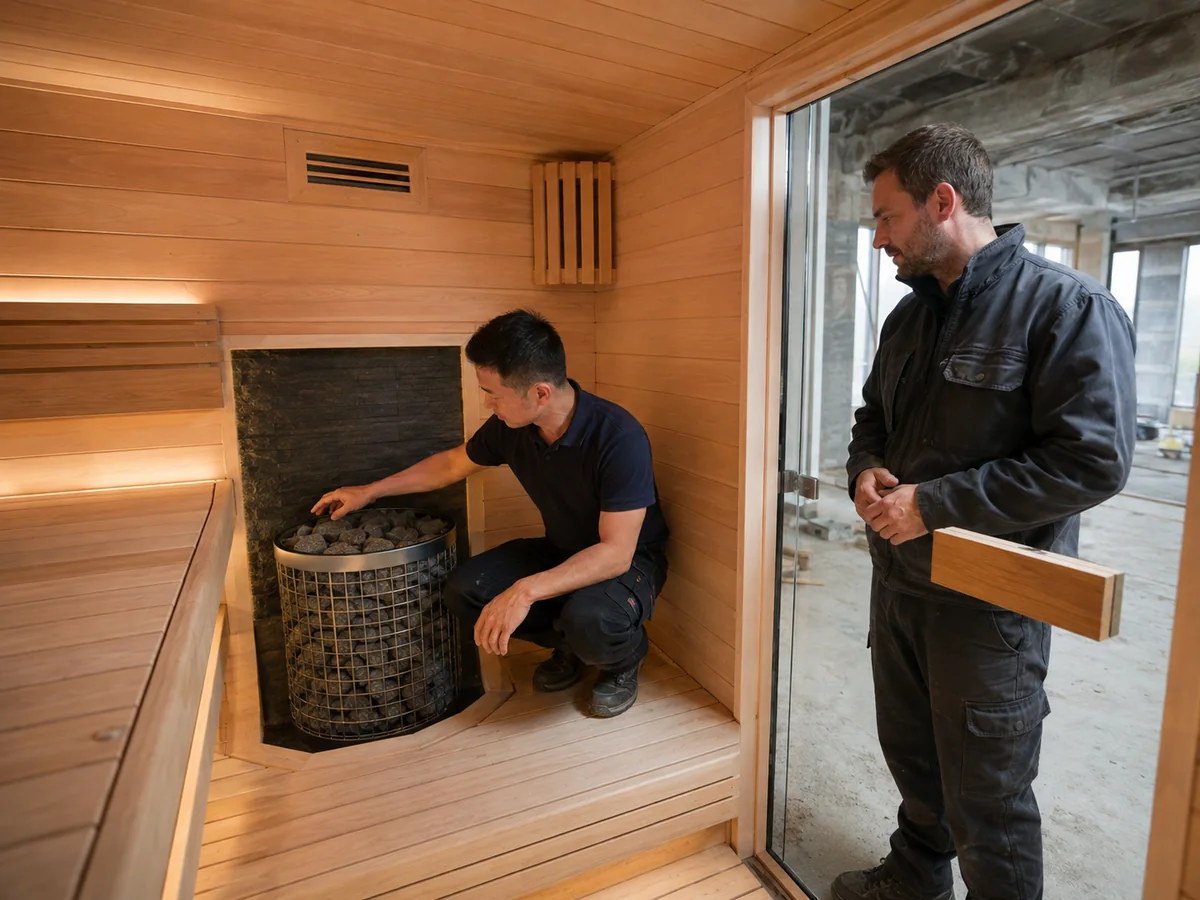 Sauna installer inspecting heater placement and ventilation with a contractor