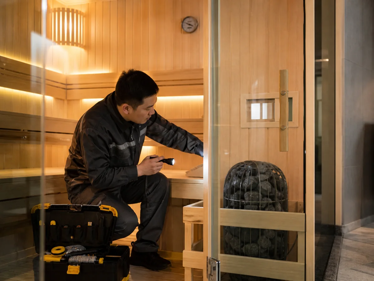 Technician completing final commissioning checks inside a commercial sauna