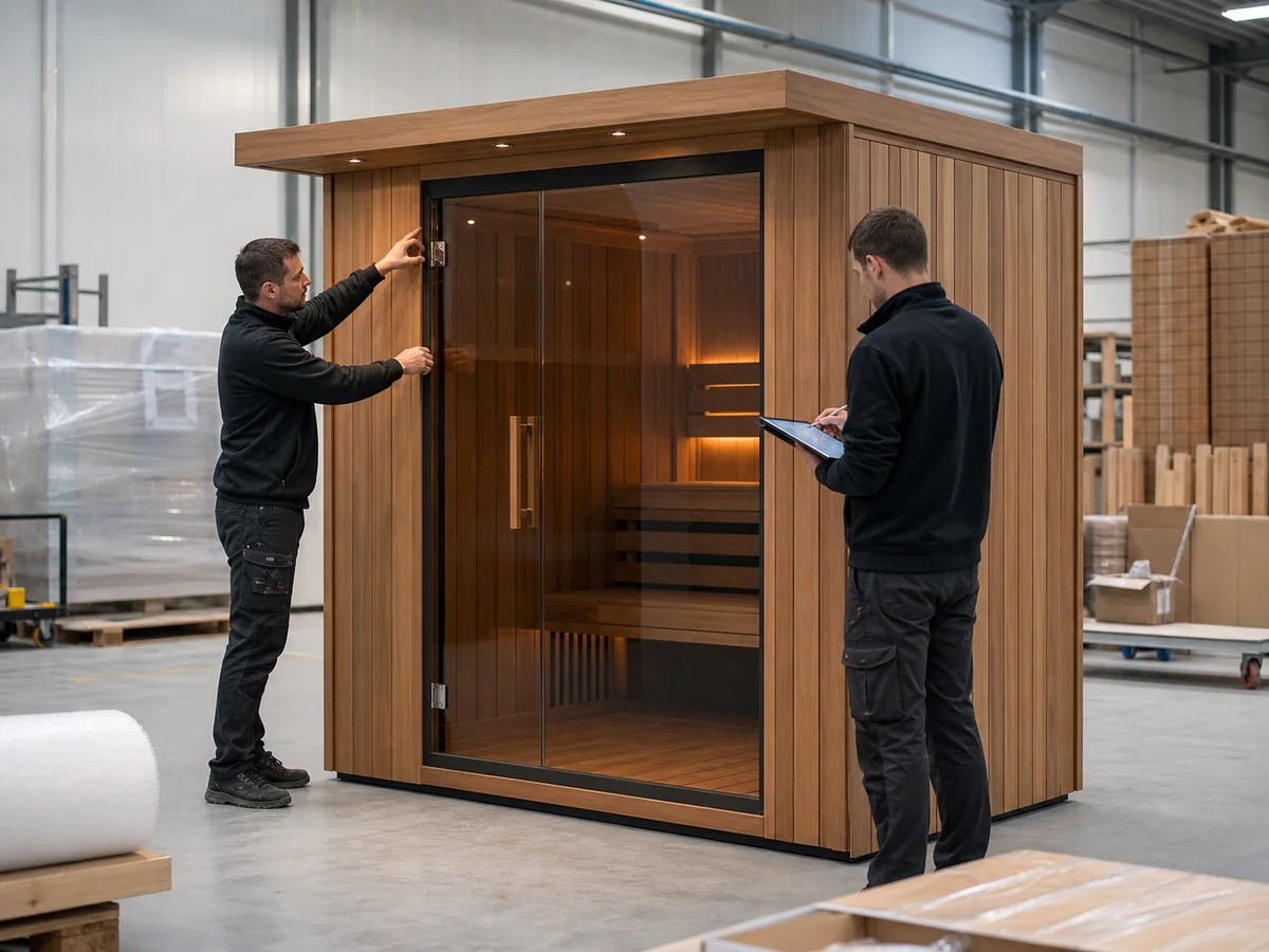Technicians completing final quality inspection on a sauna cabin before shipment