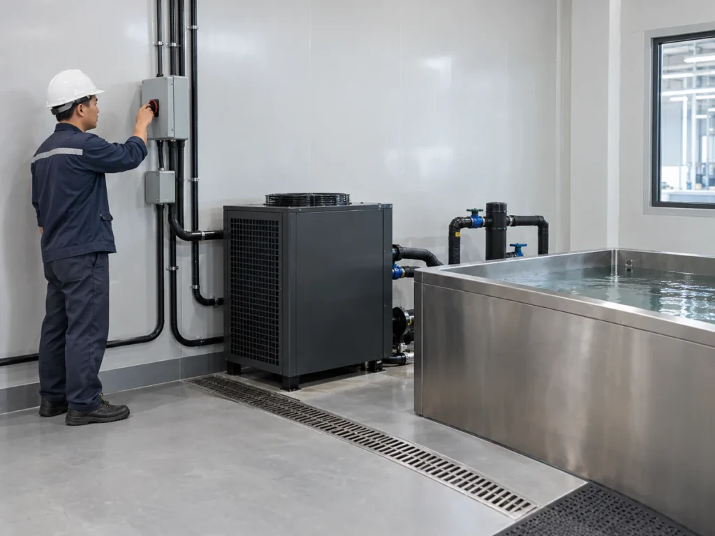 Chinese electrician inspecting a protected cold plunge chiller electrical supply