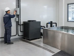 Chinese electrician inspecting a protected cold plunge chiller electrical supply