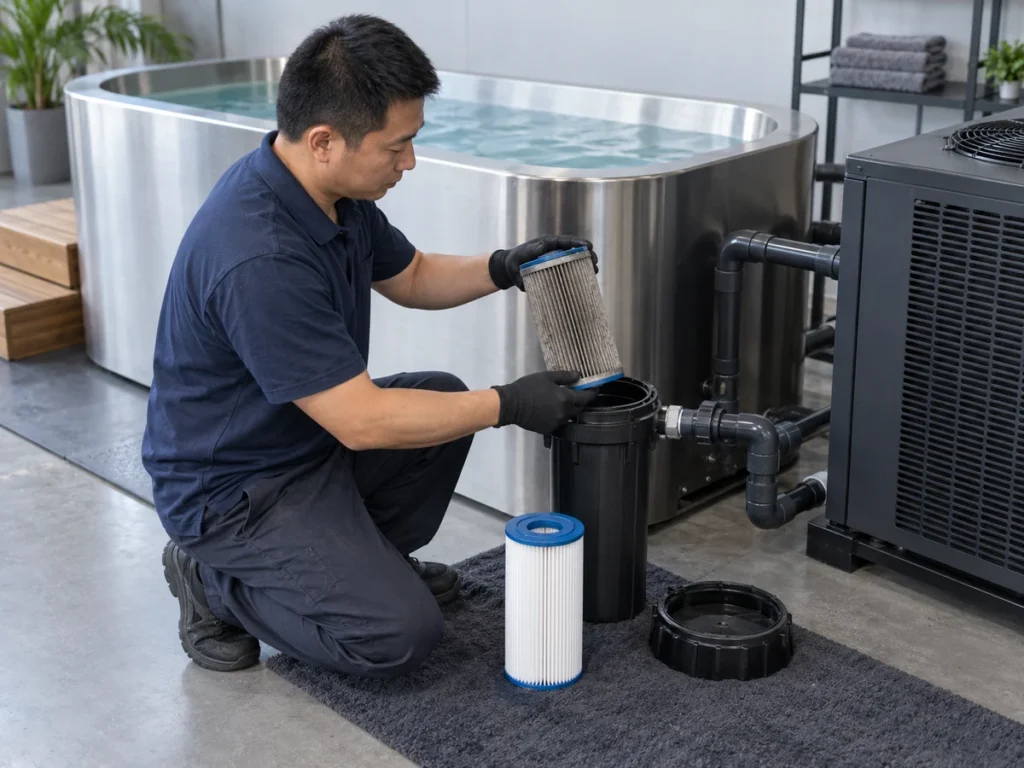 Chinese technician replacing a cold plunge cartridge filter beside the chiller