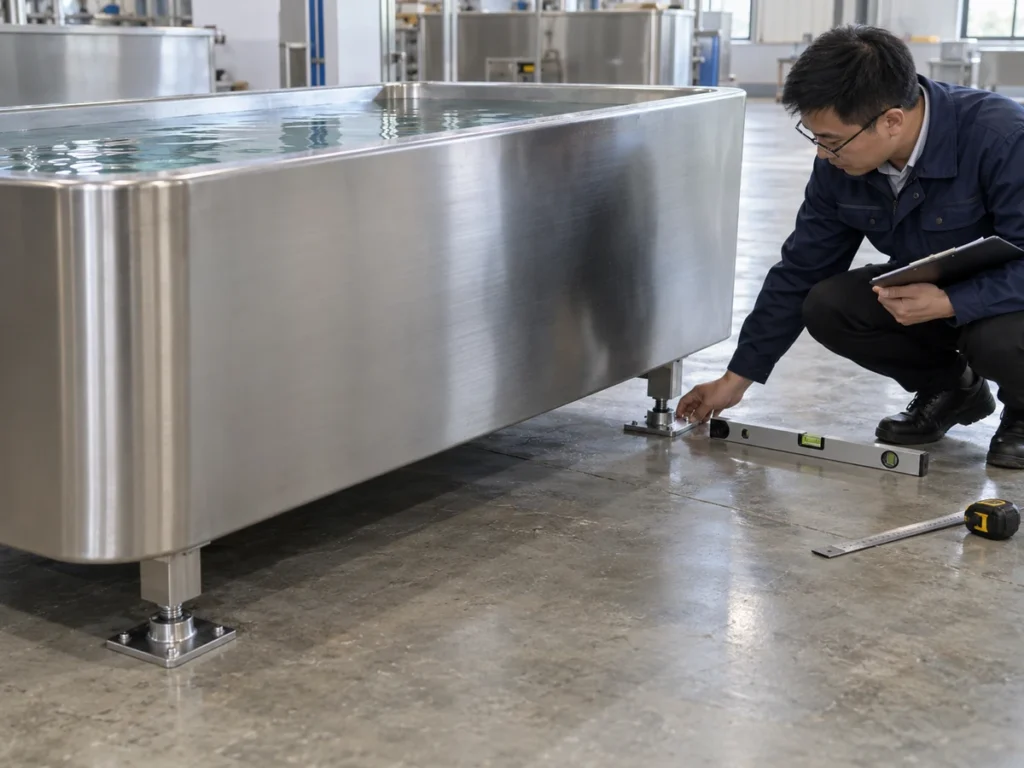 Chinese engineer checking cold plunge support feet on a level reinforced floor