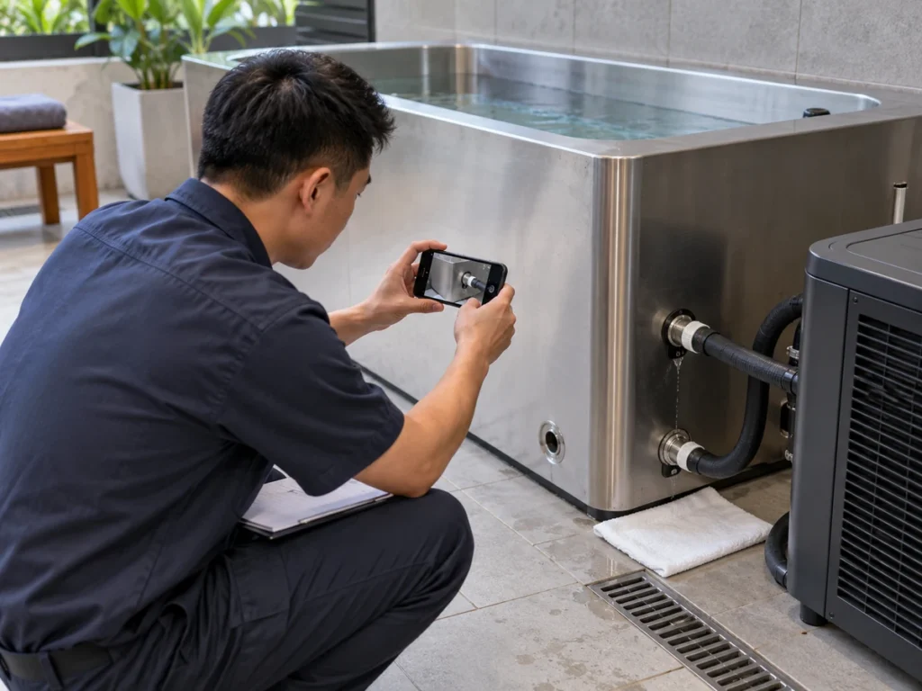Chinese technician documenting a leak near an accessible cold plunge connection