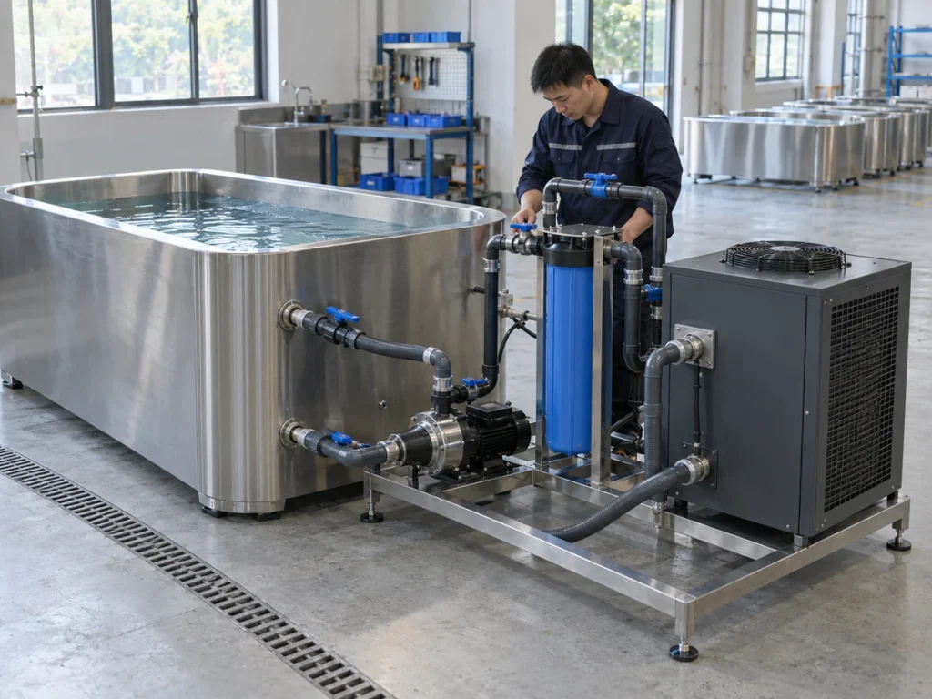 Chinese technician inspecting a cold plunge pump, filter and chiller flow loop
