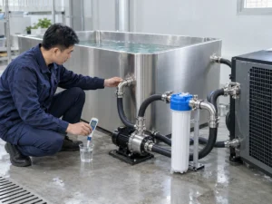 Chinese engineer checking cold plunge wetted components for salt-water compatibility